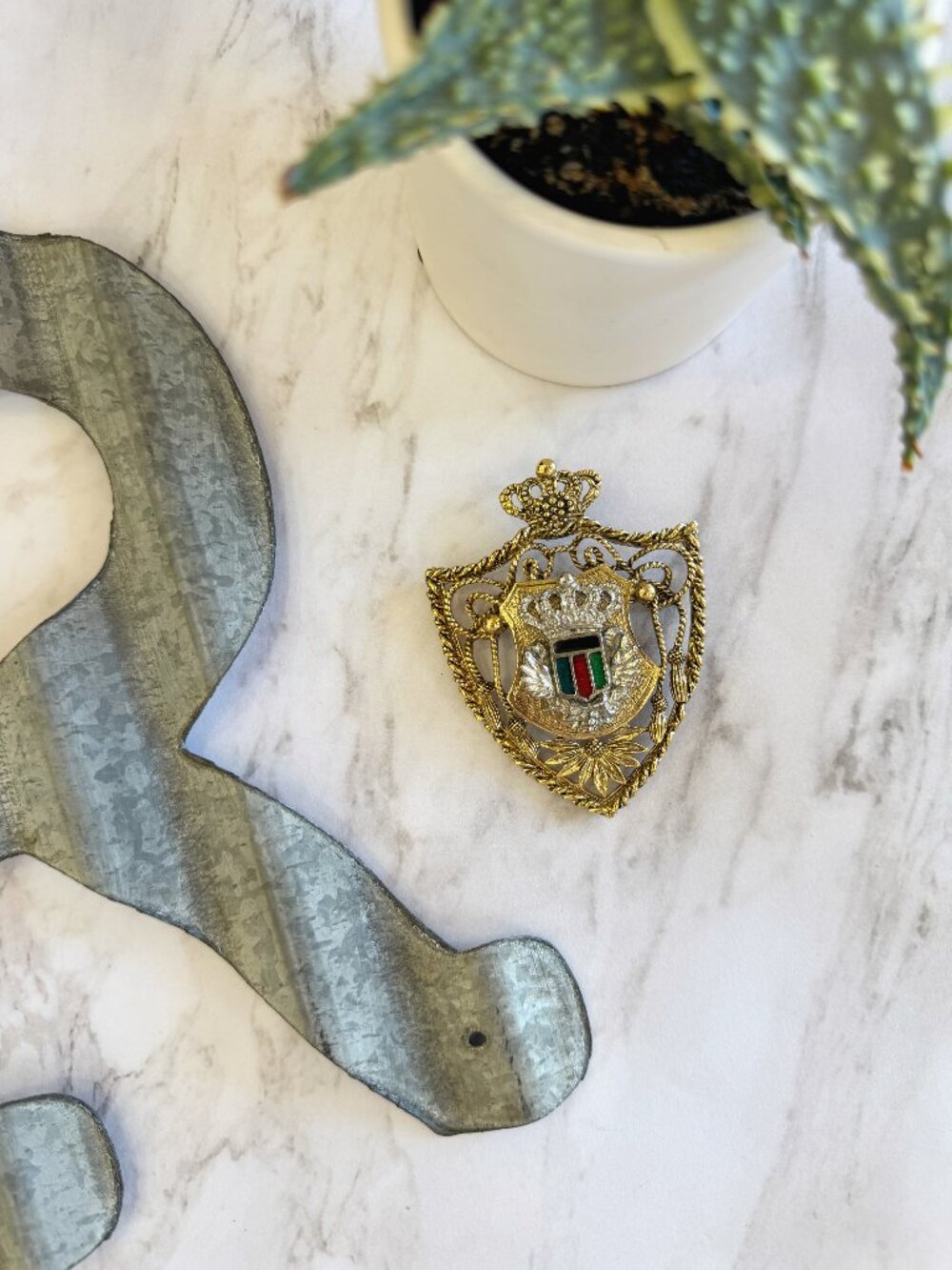 Vintage Mixed Metals Coat of Arms Crown Shield Crest Brooch